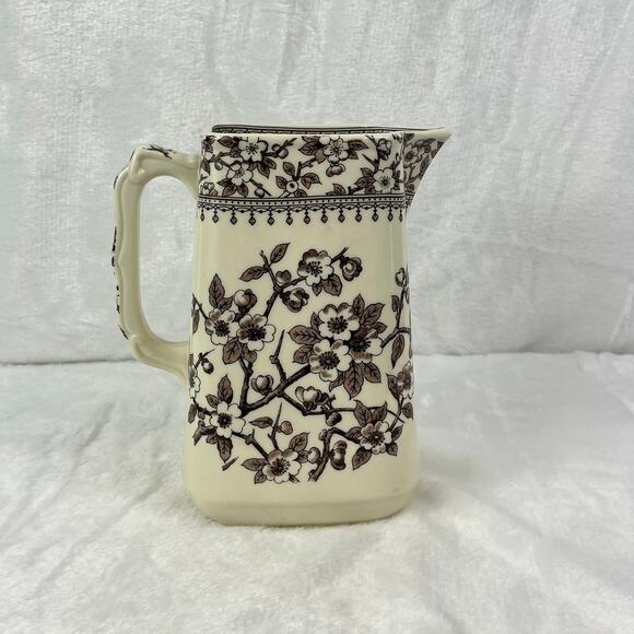 Two's Company Brown Transferware Pitcher 44oz Floral Ceramic Jug Square Rim 7.5" - Picture 3 of 9